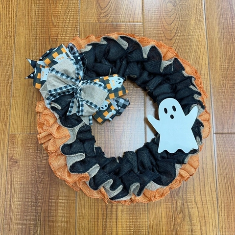 Ghirlanda di Halloween in Iuta Con Fantasma e Fiocco Arancione Nero Decorazione per Porta d'Ingresso Festa di Halloween Casa Ornamento