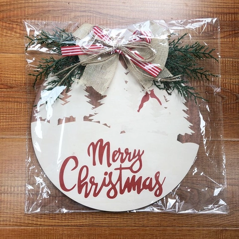 Targa Appesa in Legno Merry Christmas Rotonda in Stile Americano Decorazione Parete Porta Con Fiocco Aghi di Pino Artificiali Ornamento
