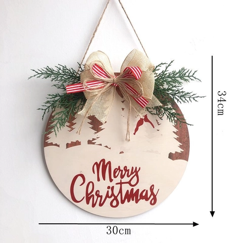 Targa Appesa in Legno Merry Christmas Rotonda in Stile Americano Decorazione Parete Porta Con Fiocco Aghi di Pino Artificiali Ornamento