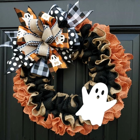 Ghirlanda di Halloween in Iuta Con Fantasma e Fiocco Arancione Nero Decorazione per Porta d'Ingresso Festa di Halloween Casa Ornamento
