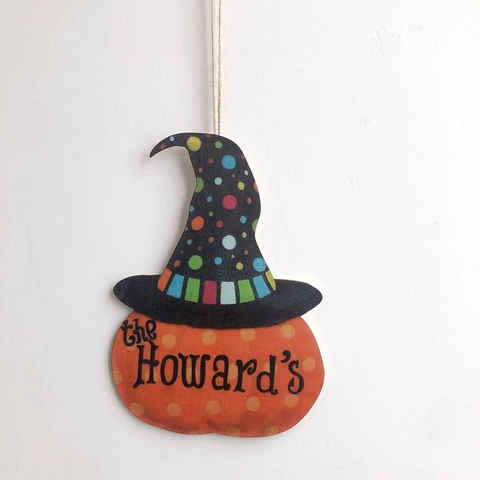 Halloween Pumpkin Witch Hat Wooden Hanging Sign Polka Dots Stripes Theme Holiday Party Window Wall Door Plaque Decoration