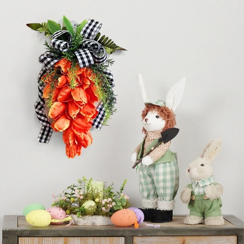 Easter Carrot Tulip Bouquet Door Hanging Decor Simulation Orange Flower Wreath With Buffalo Plaid Bow For Home Wall Party Decoration