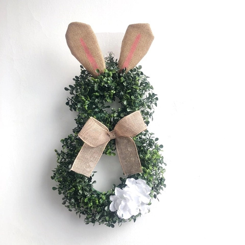 Easter Rabbit Wreath Artificial Greenery Bunny Garland With Burlap Ears And Bow For Home Wall Door Hanging Decoration
