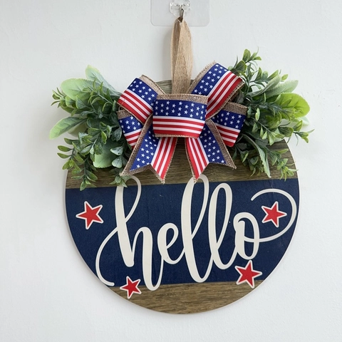 Independence Day Welcome Door Sign American Flag Bow Artificial Greenery Round Wood Plaque For Front Door Home Decoration