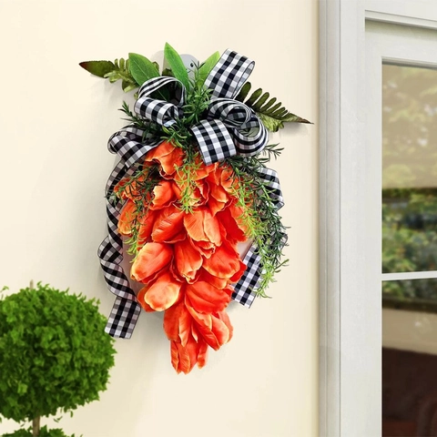 Easter Carrot Tulip Bouquet Door Hanging Decor Simulation Orange Flower Wreath With Buffalo Plaid Bow For Home Wall Party Decoration