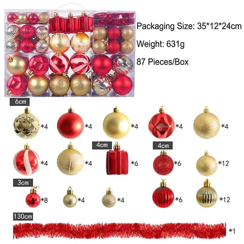 Lot de 87 Boules de Décoration de Noël en Plastique Électroplaqué Pendentifs d'Arbre de Noël Ornement Coffret Cadeau pour Fête de Noël