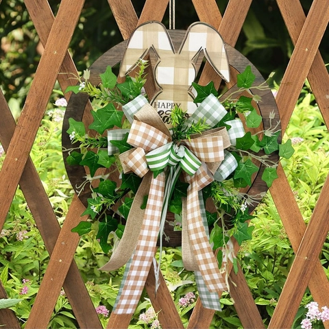 Easter Bunny Wreath Wooden Wheel Front Door Decoration Artificial Greenery Wreath With Ribbon Bow Happy Easter Pastoral Wall Hanging