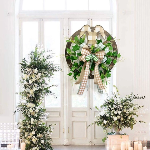 Easter Bunny Wreath Wooden Wheel Front Door Decoration Artificial Greenery Wreath With Ribbon Bow Happy Easter Pastoral Wall Hanging