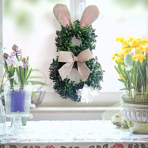 Easter Rabbit Wreath Artificial Greenery Bunny Garland With Burlap Ears And Bow For Home Wall Door Hanging Decoration