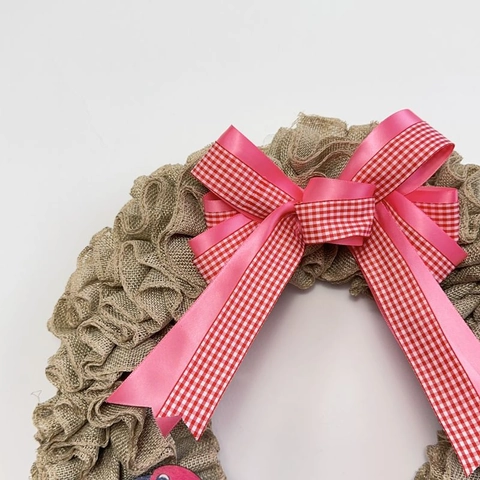 Couronne De Fleurs Faite Main En Plastique Style Toile De Jute Avec Nœud À Carreaux Et Pendentif Coccinelle Pour Porte