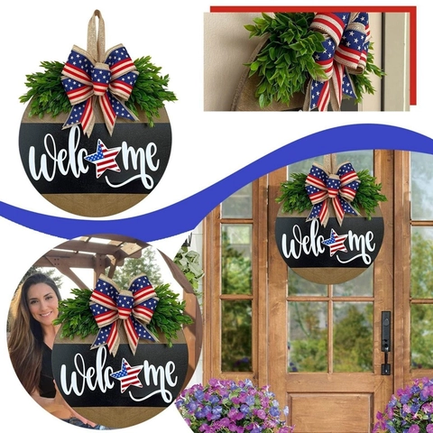 Independence Day Welcome Door Sign American Flag Bow Artificial Greenery Round Wood Plaque For Front Door Home Decoration