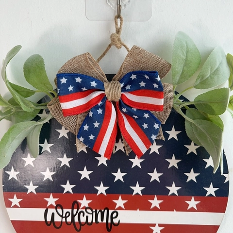 Giorno Indipendenza USA Welcome To Our Home Targa Porta Rotonda Plastica Con Fiocco Verde Artificiale Decorazione Patriottica
