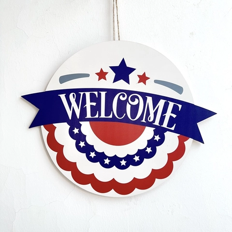 American Flag Welcome Door Sign Independence Day Decorative Round Composite Board Hanging Ornament For Fourth Of July Wall Decor