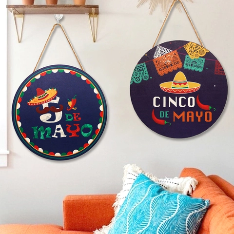 Mexikanisch Cinco De Mayo Rund Holz Hängeschild Festlich Party Deko Sombrero Piñata Chili Muster Tür Wand Dekoration