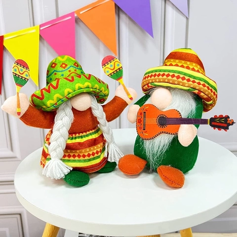 Mexicaanse Carnaval Kabouter Pluche Pop Cinco De Mayo Gezichtsloze Oude Man Sombrero Gitaar Maracas Figuur Vakantie Decoratie