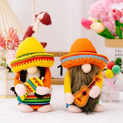 Poupée en Peluche Gnome Mexicain Fiesta Sombrero Gnome Sans Visage Avec Guitare Maracas Rayures Arc-en-ciel Carnaval Décor