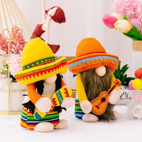 Poupée en Peluche Gnome Mexicain Fiesta Sombrero Gnome Sans Visage Avec Guitare Maracas Rayures Arc-en-ciel Carnaval Décor