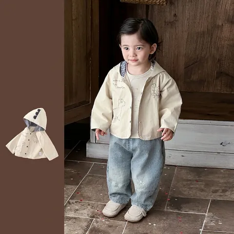 Giacca con Cappuccio in Cotone Primaverile per Neonati Stile Coreano Stampa Dinosauro Capispalla Antivento Cappotto Beige