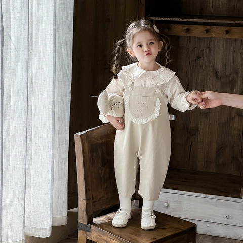 Toddler Baby Girl Retro Cotton Clothing Set Floral Long Sleeve Ruffle Shirt And Rabbit Embroidered Suspender Pants Outfits