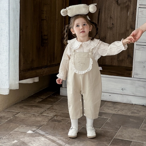 Toddler Baby Girl Retro Cotton Clothing Set Floral Long Sleeve Ruffle Shirt And Rabbit Embroidered Suspender Pants Outfits