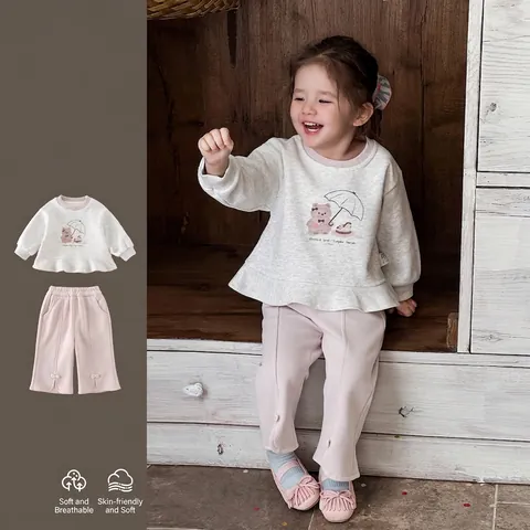 Ensemble Printemps pour Fillettes en Mélange de Coton Sweat à Manches Longues à Volants Pantalon Évasé Imprimé Ours