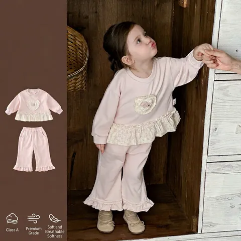 Set di Abbigliamento Due Pezzi per Neonata Stile Coreano Felpa Rosa con Volant e Pantaloni a Cuore Floreale Primavera