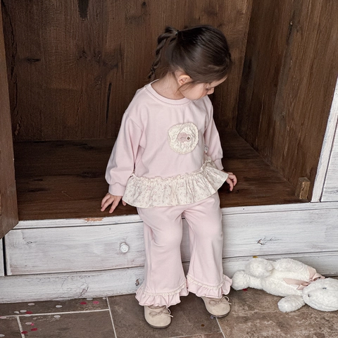 Set di Abbigliamento Due Pezzi per Neonata Stile Coreano Felpa Rosa con Volant e Pantaloni a Cuore Floreale Primavera
