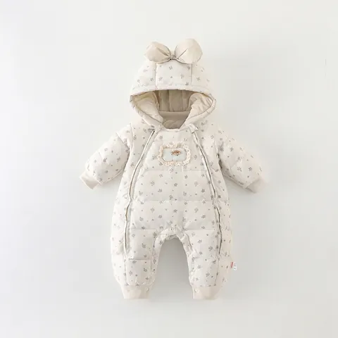 Tuta in Piuma Invernale per Neonata con Cappuccio Fiocco Floreale Sacco a Pelo Caldo Snowsuit Pagliaccetto Trapuntato Piumino Anatra