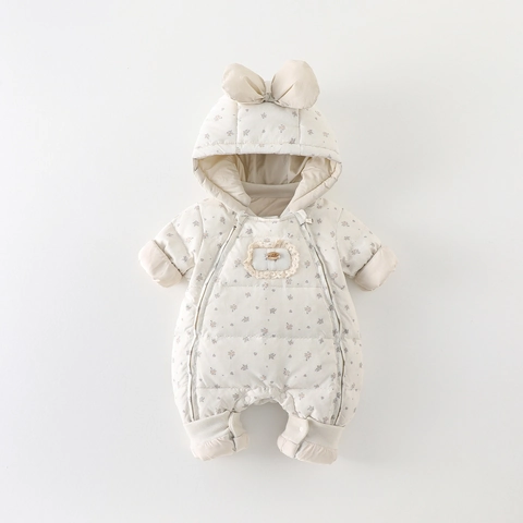 Tuta in Piuma Invernale per Neonata con Cappuccio Fiocco Floreale Sacco a Pelo Caldo Snowsuit Pagliaccetto Trapuntato Piumino Anatra