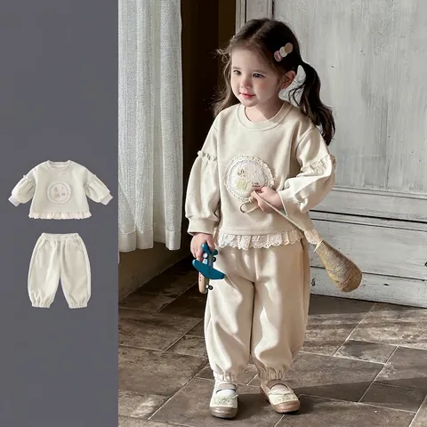 Ensemble Haut Pull et Pantalon Assorti pour Bébé Fille Style Coréen Mélange de Coton Bordure en Dentelle Motif Lapin Sweat-shirt à Manches Longues Doux