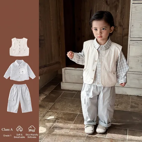 Ensemble Trois Pièces Décontracté en Coton pour Garçons Chemise à Carreaux Manches Longues Gilet Pantalon Style Rétro