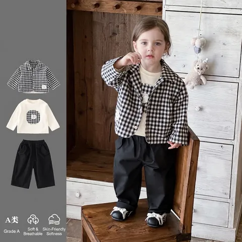 Ensemble de Vêtements en Coton pour Petits Garçons Chemise à Carreaux Manches Longues T-shirt Imprimé Ours et Pantalon pour le Printemps