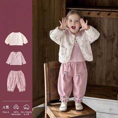 Abbigliamento per Neonata Set in Cotone Con Cardigan Trapuntato Floreale Maglia a Maniche Lunghe e Pantaloni Rosa