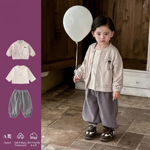 Peuter Jongen 3-delige Kledingset Katoen Cartoon Hond Cardigan Wit T-Shirt Grijze Broek Casual Lente Outfit Voor Kinderen