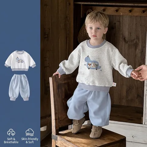 Vêtements en Coton pour Petit Garçon Coréen Sweat-Shirt Et Pantalon Tenue Décontractée Imprimé Bus Dinosaure Manches Longues Printemps Vêtements de Sport