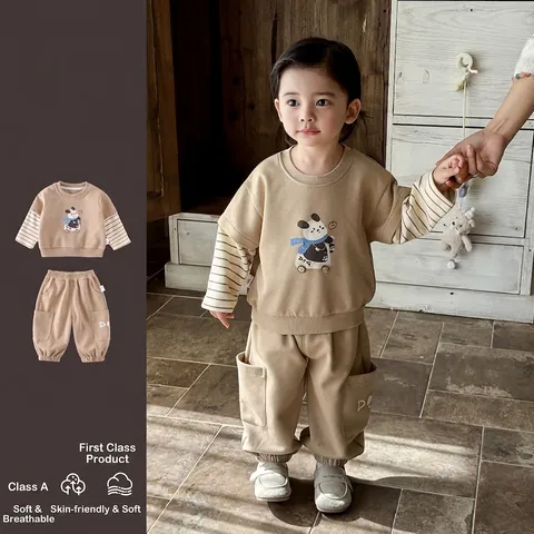 Ensemble Sweat-shirt Et Pantalon Pour Garçons Style Coréen Imprimé Panda Dessin Animé Kaki Mélange Coton Tenue Décontractée