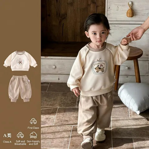 Ensemble Sweat-shirt Et Pantalon Pour Bébé Garçon Imprimé Chien De Dessin Animé Manches Longues Mélange De Coton Décontracté