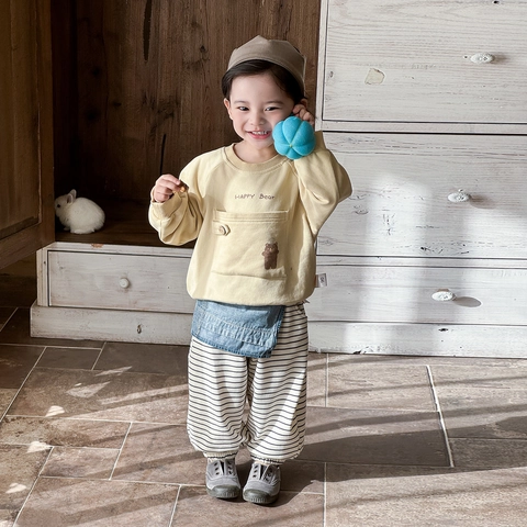 Felpa da Neonato con Orso Cartone Animato e Pantaloni a Righe Stile Coreano Abbigliamento in Cotone per Bambini Giallo
