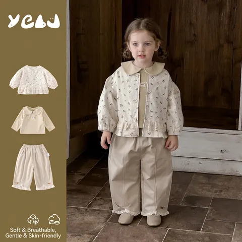 Koreanischer Stil Kleinkind Mädchen Blumig Dreiteiliges Bekleidungsset Baumwolle Prinzessin Jacke Langarmshirt Und Hose Outfit