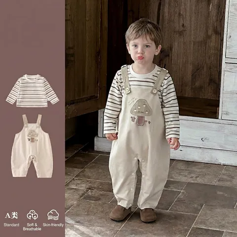 Baby Jungen Gestreiftes Langarmshirt Und Pilz Patch Hosenträger Hose Baumwolle Waldstil Säugling Kleinkind Kleidung Outfit