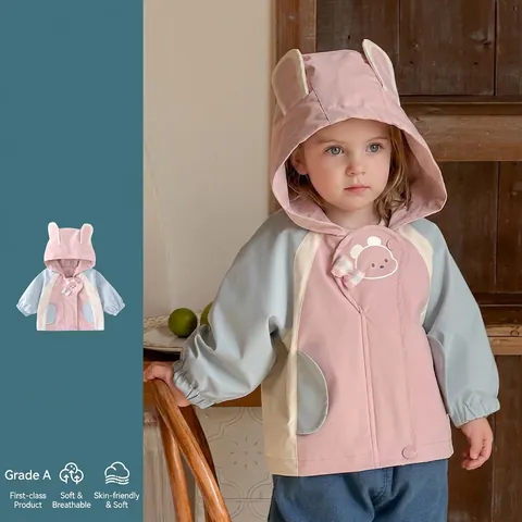 Chaqueta Cortavientos con Capucha para Niñas Pequeñas Primavera Bloque de Color Ropa de Abrigo con Orejas de Conejo Parche de Oso Poliéster Abrigo Infantil