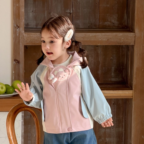 Chaqueta Cortavientos con Capucha para Niñas Pequeñas Primavera Bloque de Color Ropa de Abrigo con Orejas de Conejo Parche de Oso Poliéster Abrigo Infantil