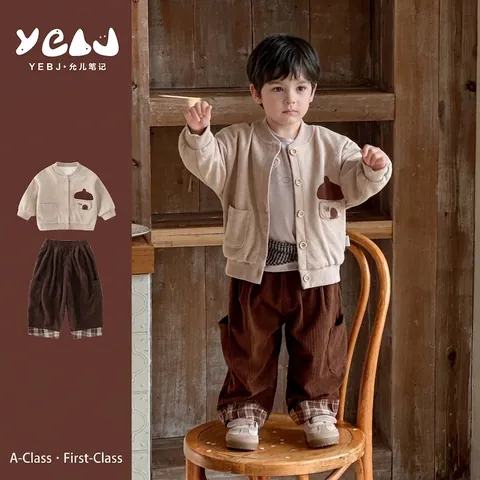 Baby Jongen Lente Gebreid Vest En Corduroy Broek Retro Paddenstoel Applicatie Baby Outfits Casual Wafelstructuur Tops Broeken