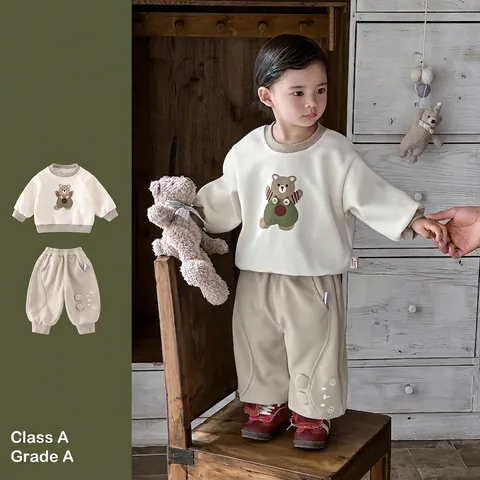 Completo Felpa e Pantaloni Casual per Bambini in Misto Cotone Pullover con Orso Cartone Animato Primavera Autunno