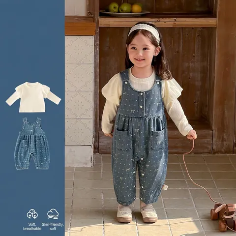 Abbigliamento Primaverile per Neonata e Bambina Top a Maniche Lunghe con Volant e Maniche a Sbuffo e Salopette in Denim con Fiocco