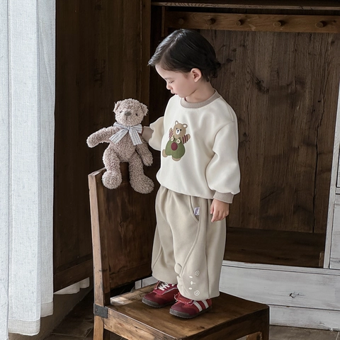 Completo Felpa e Pantaloni Casual per Bambini in Misto Cotone Pullover con Orso Cartone Animato Primavera Autunno