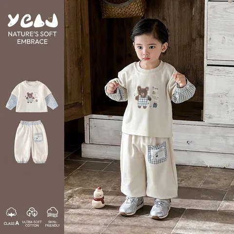 Toddler Boy Korean Style Cotton Plaid Stitching Bear Print Sweatshirt Pants Clothing Outfit Baby Spring Casual Jogger Suit