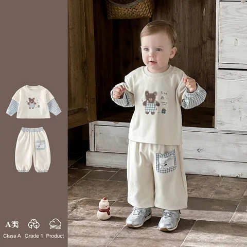 Completo Bimbo Stile Coreano Cotone Quadri Cucitura Orso Felpa Pantaloni Abbigliamento Neonato Primavera Casual Jogger