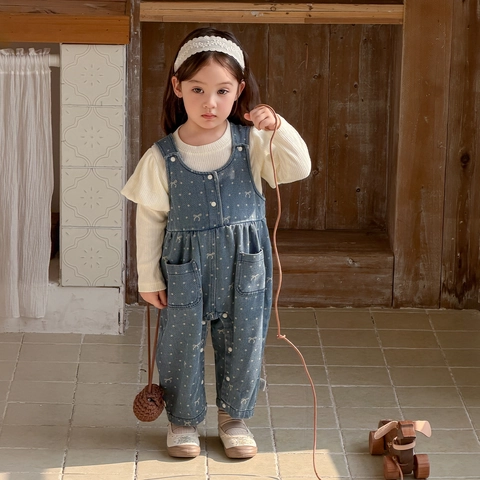 Abbigliamento Primaverile per Neonata e Bambina Top a Maniche Lunghe con Volant e Maniche a Sbuffo e Salopette in Denim con Fiocco