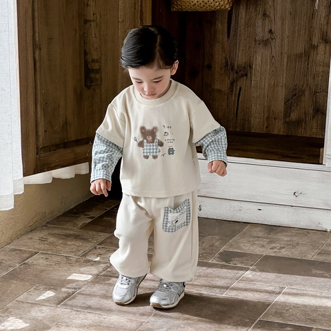 Completo Bimbo Stile Coreano Cotone Quadri Cucitura Orso Felpa Pantaloni Abbigliamento Neonato Primavera Casual Jogger